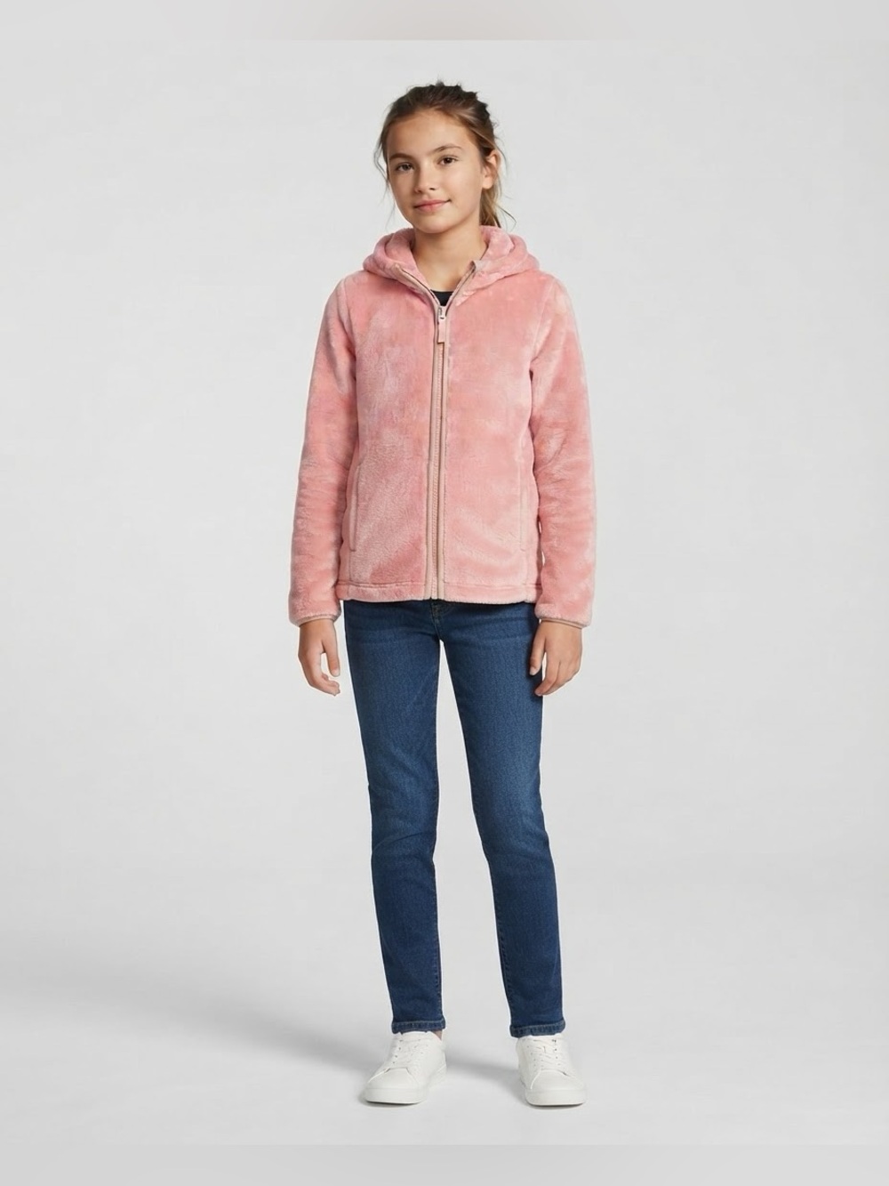 Lands' End Pink Plush Fuzzy Fleece Full Zip Hoodie Jacket Size L 10-12